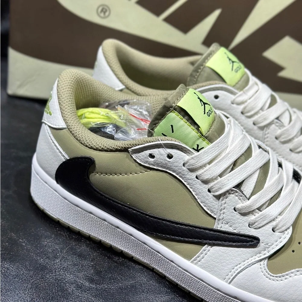 Nike Low-Top Sneakers in White, Beige & Black with Lime Tongue Accent